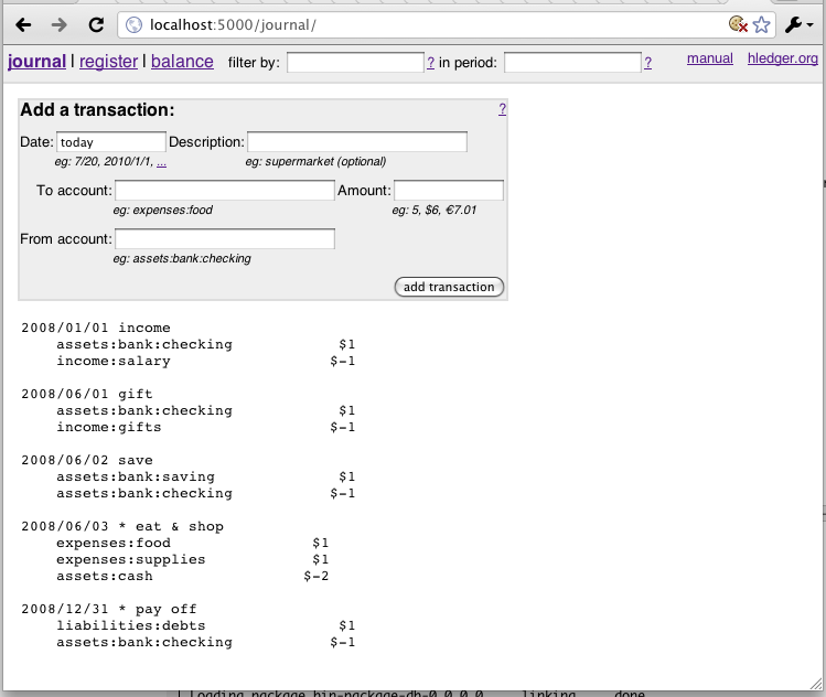 The web interface (hledger 0.11pre with -fwebyesod).