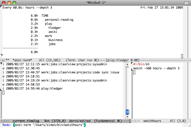 The upper window displays today's time report every minute (using ansi-term, watch, a helper script, and hledger invoked via 'hours' symlink.) The lower window is viewing the timelog file, to tweak clock-ins/clock-outs made with C-x t i and C-x t o.