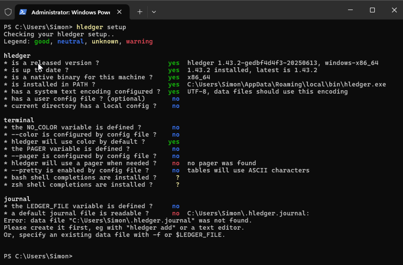 hledger setup in powershell